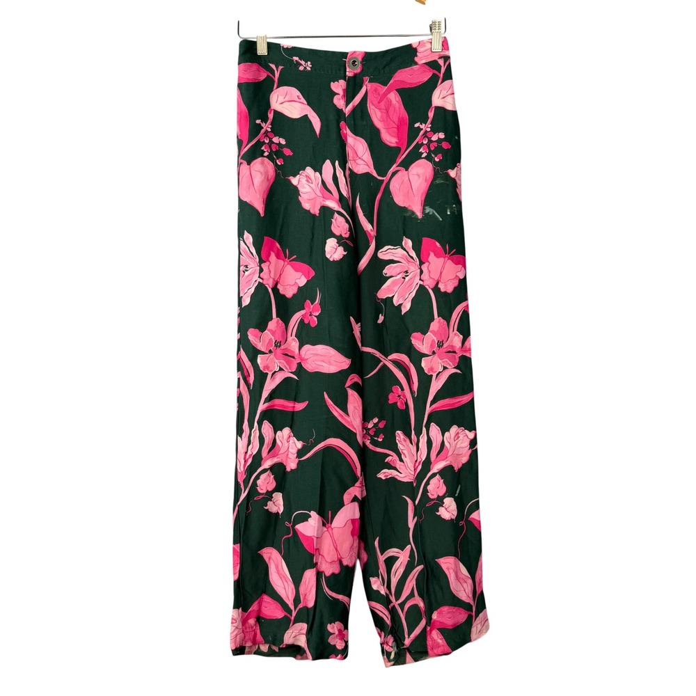 Anthropologie Wide Leg Pants Tropical Size 2 Green Pink Floral Viscose High Rise